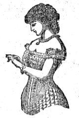 A woman in a corset looking down at her hand