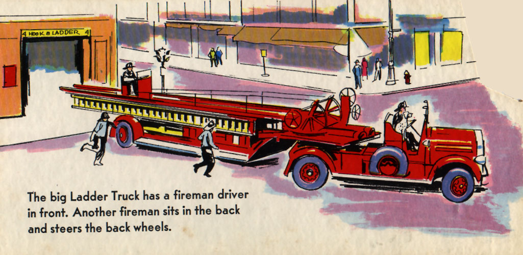 A long ladder truck leaving the station with two drivers in front and back. Two other firemen rush alongside the truck.