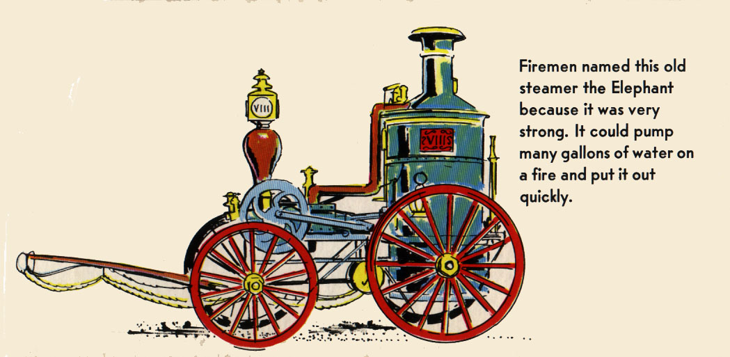 A colorful and ornate antique fire wagon with a chimney for steam.