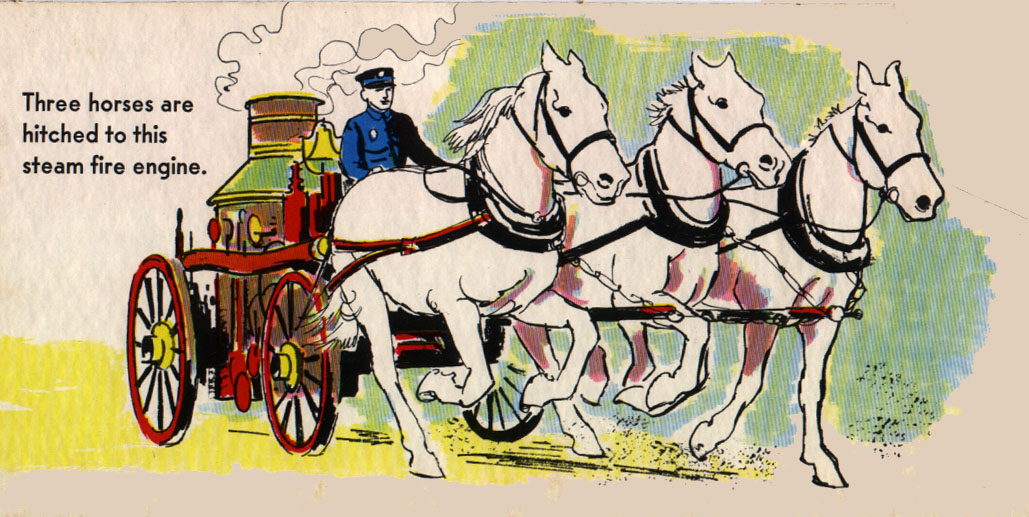 A fireman driving a steam engine pulled by three galloping white horses.