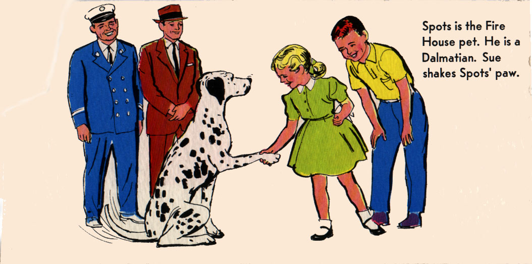 Sue and Jack meeting Spots the dalmation while the Fire Chief and their father stand nearby. Spots wags his tail.