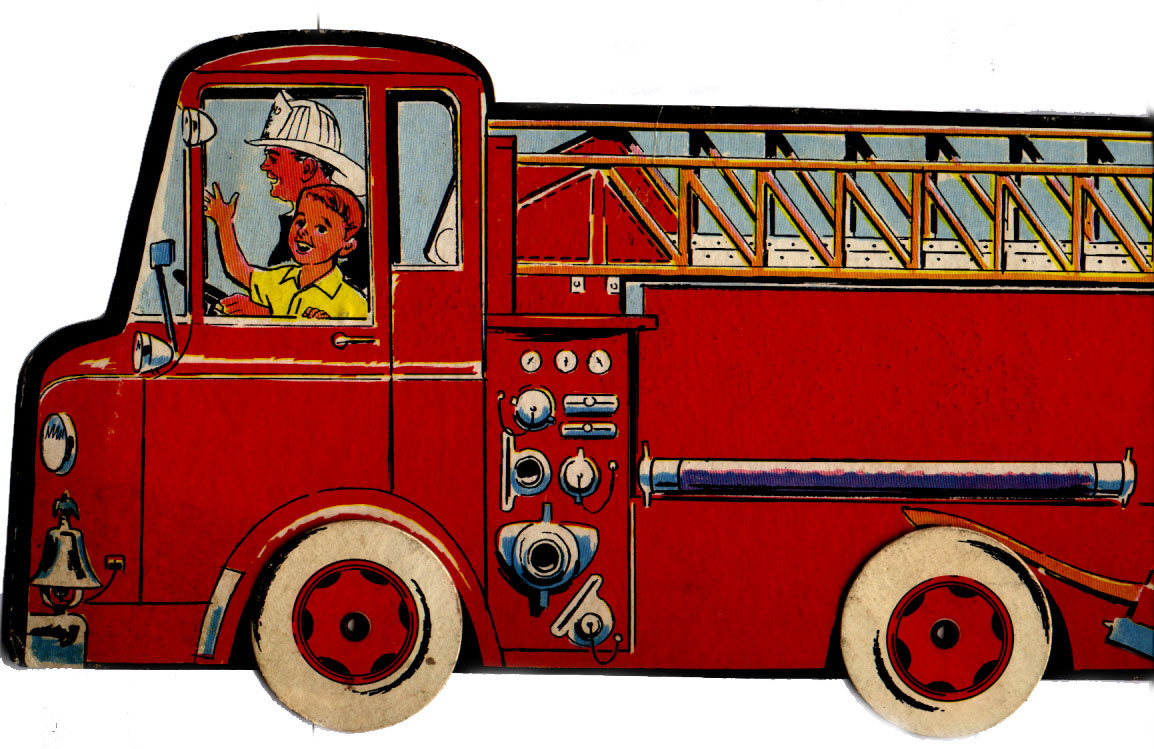 A red ladder truck with white wheels driven by fireman. A boy waves from the passenger window.