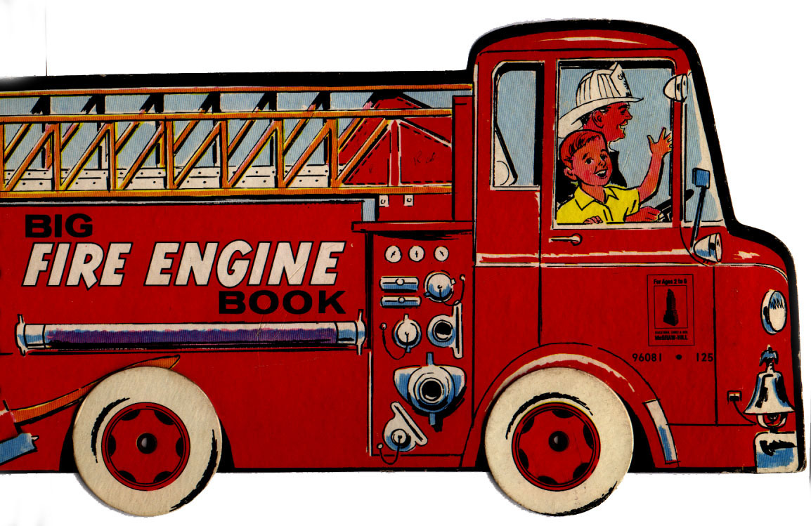 A red ladder truck with white wheels driven by a fireman. A boy waves from the passenger window.