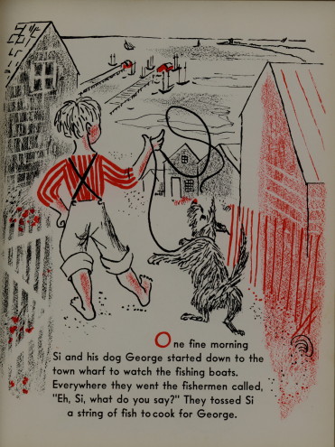 backside view of boy and dog heading through the town towards the water