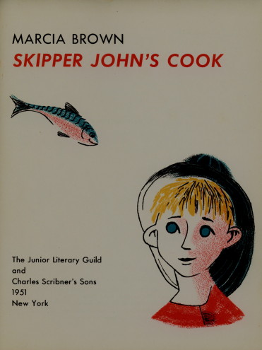 Title page of the book, a fish flying through the air towards a boy with a hat