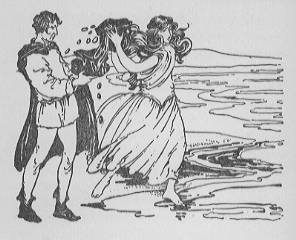 man and woman standing by the sea, woman throws bag of jewels into the water