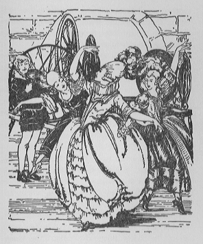 boy playing fiddle and three dancing women in fine dresses