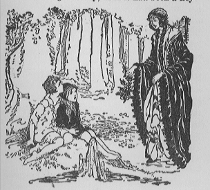boy and girl sitting under tree, woman wearing long robe stands with them