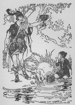 hunter standing with raised goblet, girl looks up at him from river while boy drinks