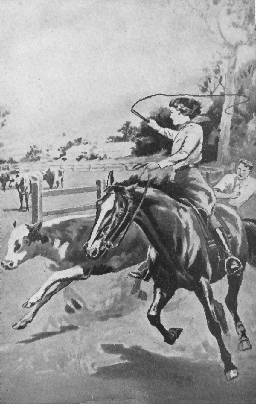 Norah on horseback, cracking a whip over the running calf.