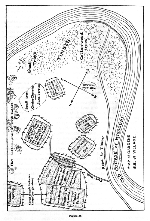 map of village showing gardens in southeast along Missouri River