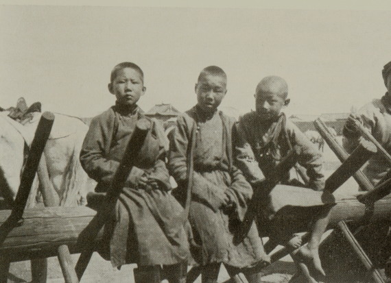 three young boys sitting on a wooden barrier