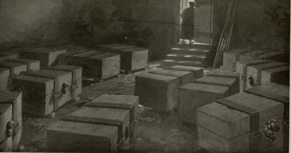 wooden crates in a dark windowless room, heads of living prisoners poke out from holes in their sides