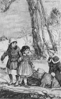 Children in coats and hats, holding hands and walking across a log over water.