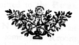 foliate decoration featuring a person wearing a fluffy hood and mittens in the center and two horns crossed in front of them.