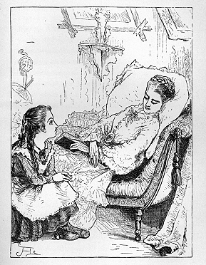 A young woman lies on a chaise, leaning against a cushion and holding a book while a young girl sits by her side.