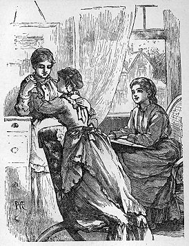 Three young women are in a room. one sits by a window and one kneels on a chair with her hand on the thirds shoulder.