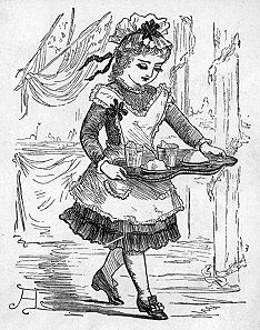 A young girl in apron and cap carries a tray with two bowls and two glasses.