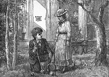 A girl and boy play croquet outside a house with a boy looking out from a window.