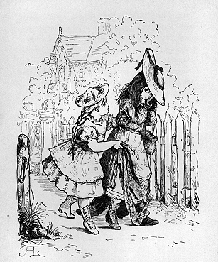 A girl in a bonnet cries into her hands while another girl walks alongside her holding up her torn skirts.