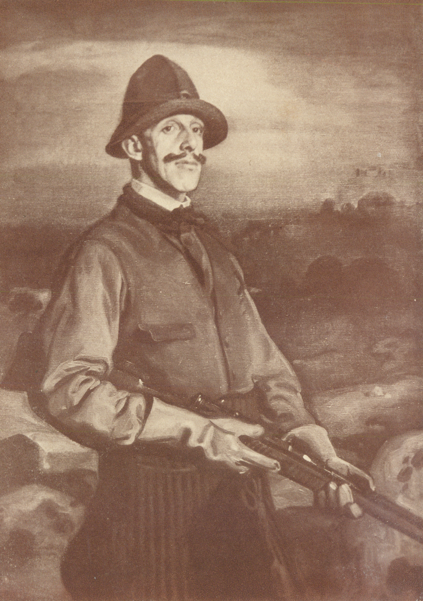 Image of the king outside holding a rifle and wearing a hunting costume.
