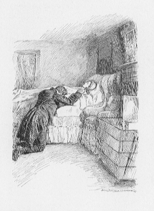 man kneeling at the bedside of his dead daughter.