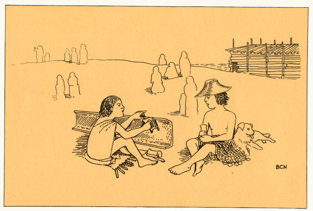 two children sitting outside in the sun with a dog. the girl is doing some carving and there are outlines of figures in the background facing away from them