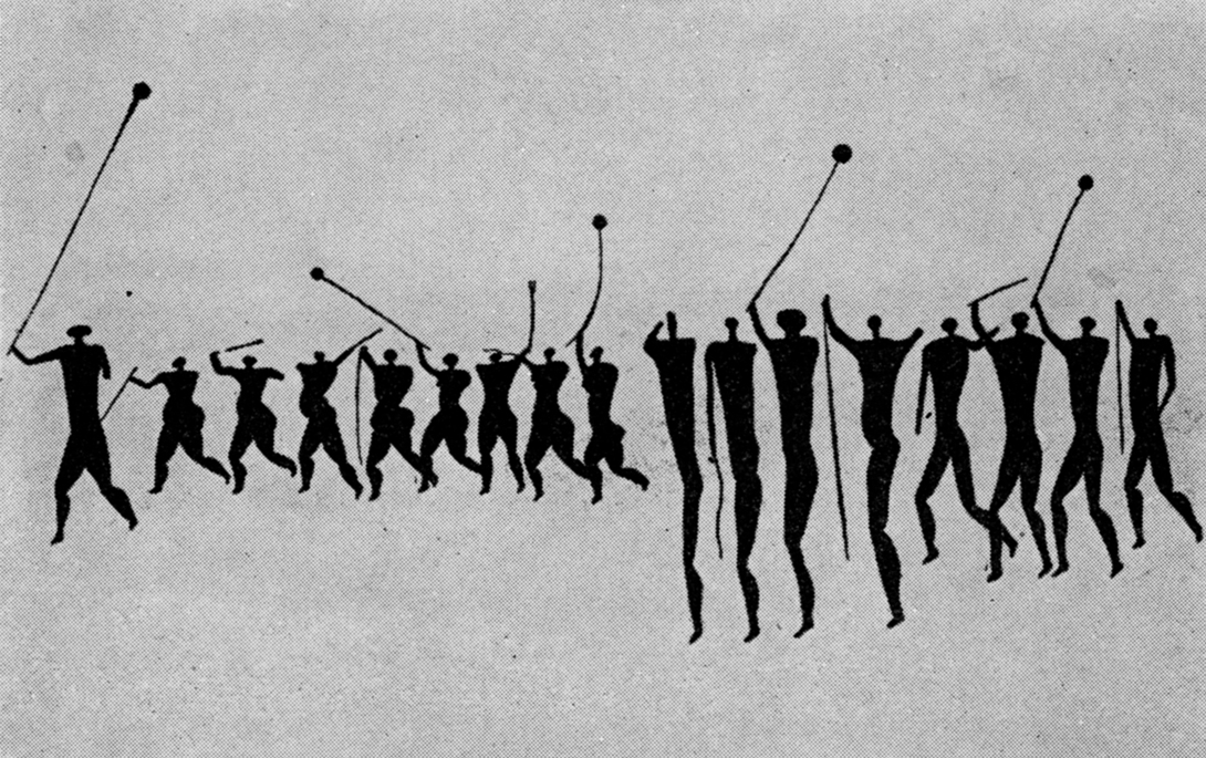 image of silhouettes of two groups of humans, some with staffs or instruments raised.