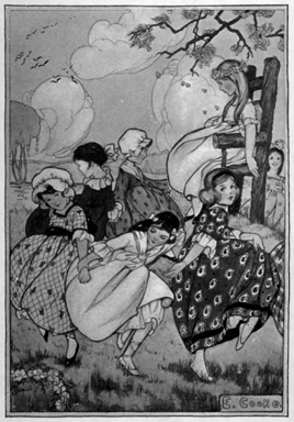a cirle of girls dancing around the maypole. in the center, the May Queen sits upon a high throne.