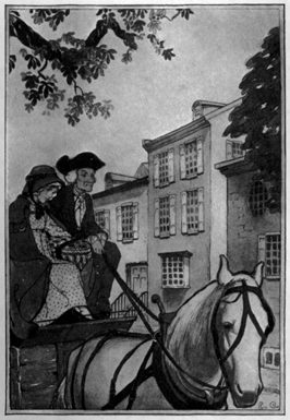 Ruth and Farmer Withely riding down a house-lined street.