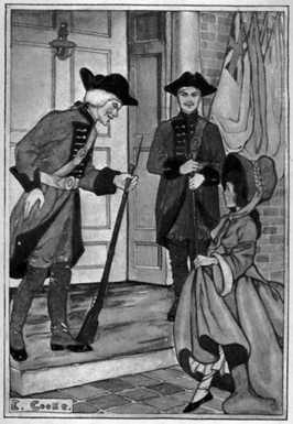 two soldiers speaking with Ruth at the entrance to the General's house