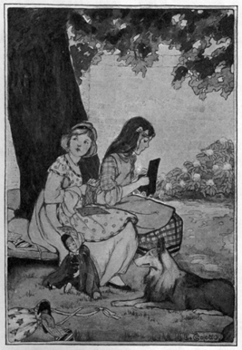 two girls sitting in a beautiful garden under a tree crafting. A collie sits at their feet.