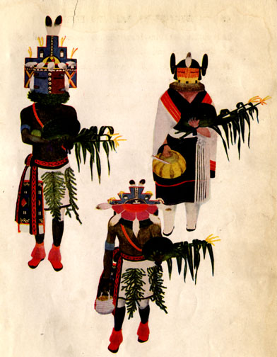 three figures in different and beautiful costumes. they are each holding yellow flowers