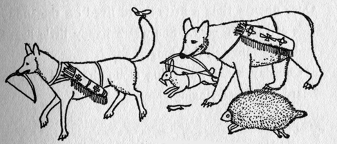 two foxes with bows in their mouths, wearing a bag of arrows at their sides alongside a bunny and a porcupine. the bee is at the tip of the first foxes tail.