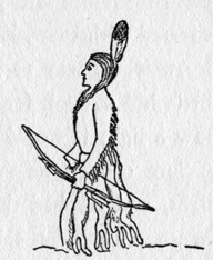 Pah-tay wearing one feather on his head. he carries a bow and arrows and has rabbits hanging from his waist.