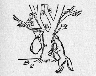 bag hanging from tree, fox standing throwing rocks