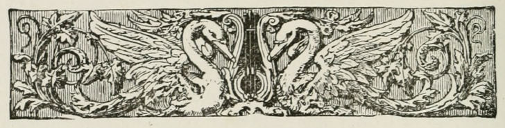 decorative image of two swans flanking a stringed instrument that looks like a lyre