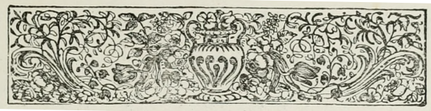 decorative drawing of winding foliage and flourishes with an urn at the center