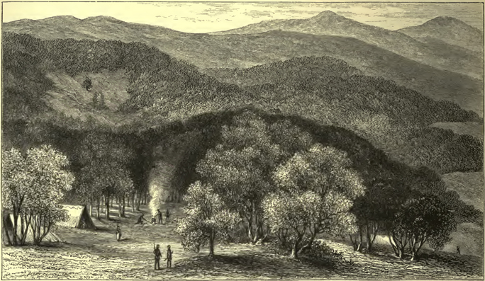 large mountainscape with trees, tents, people, and a fire in the foreground.