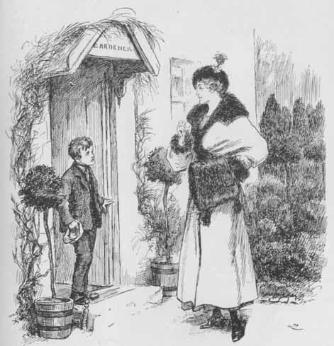 a boy in front of a doorway and a well-dressed woman