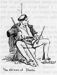 drawing of a man seated with legs wide open holding a long stick in one hand. the image is titled the old man of Shoshi