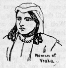 drawing of a woman of Vraka with braided hair and a scarf on her head. she wears a necklace and is dressed modestly.