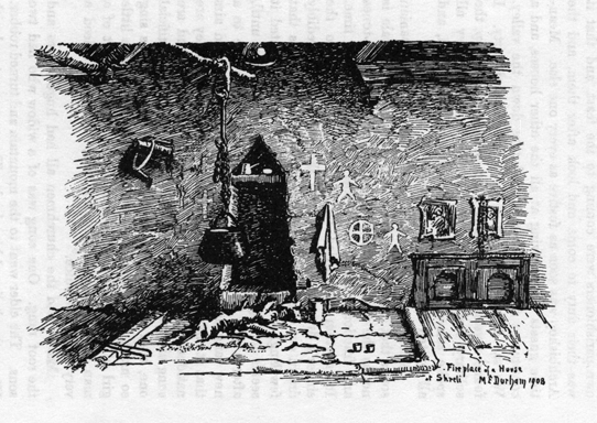 drawing of the inside of a building, there is a large kettle hanging from a branch in front of the fire. The walls are decorated with crosses and images of human figures. it is labeled fireplace of a house of Skreli 1908