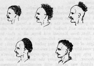 drawing of the profiles of five different men with different hairstyles. they all have moustaches.