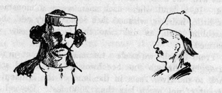 drawing of two men with different haircuts and different hats.