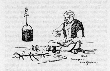 drawing of a man sitting crosslegged on the floor holding a cup.
