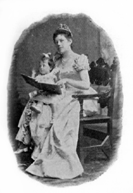 woman, seated, with child and book in her lap