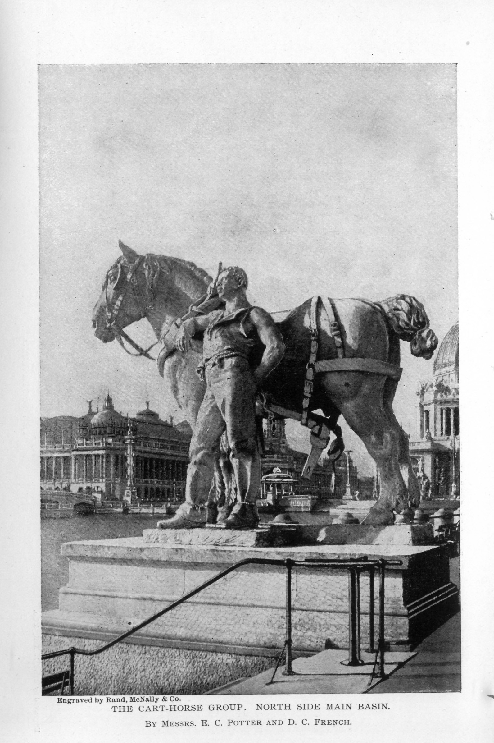 statue of a workman standing with a muscular horse wearing a harness