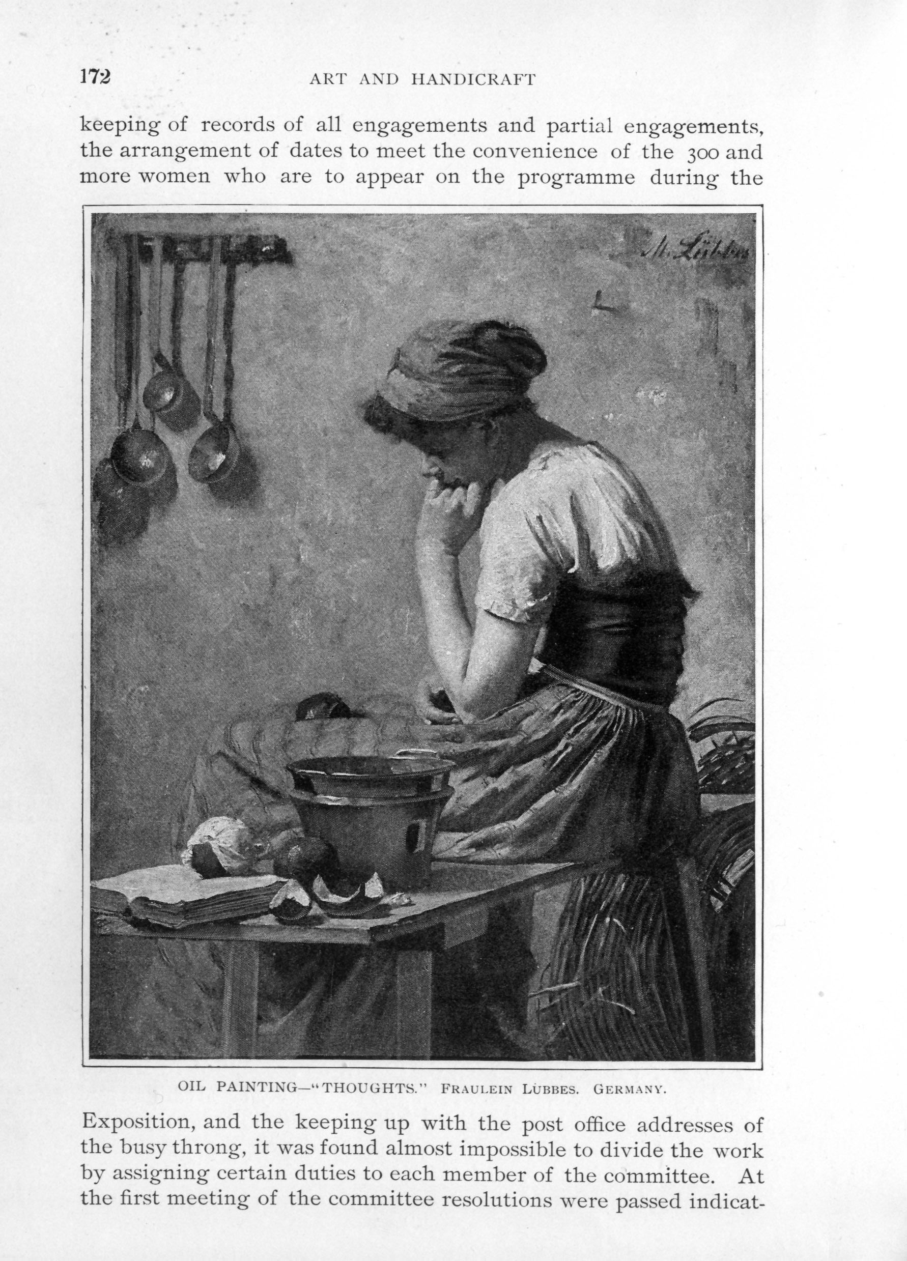 kitchen maid sitting on a table with hand raised to mouth in thought, a book lies open near her