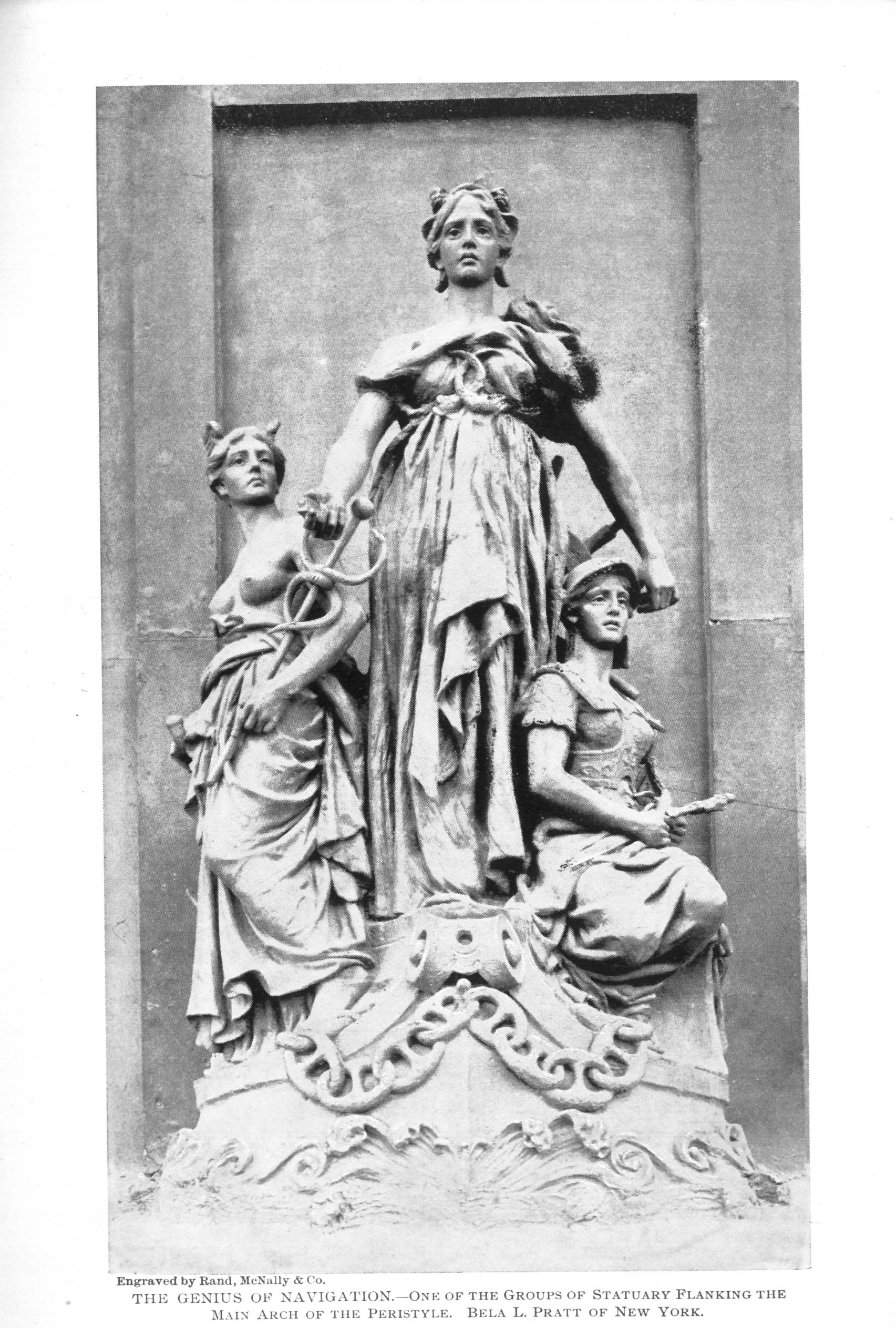 statue of three women standing on ship's prow, two wear robes and one wears armor, one woman holds a caduceus